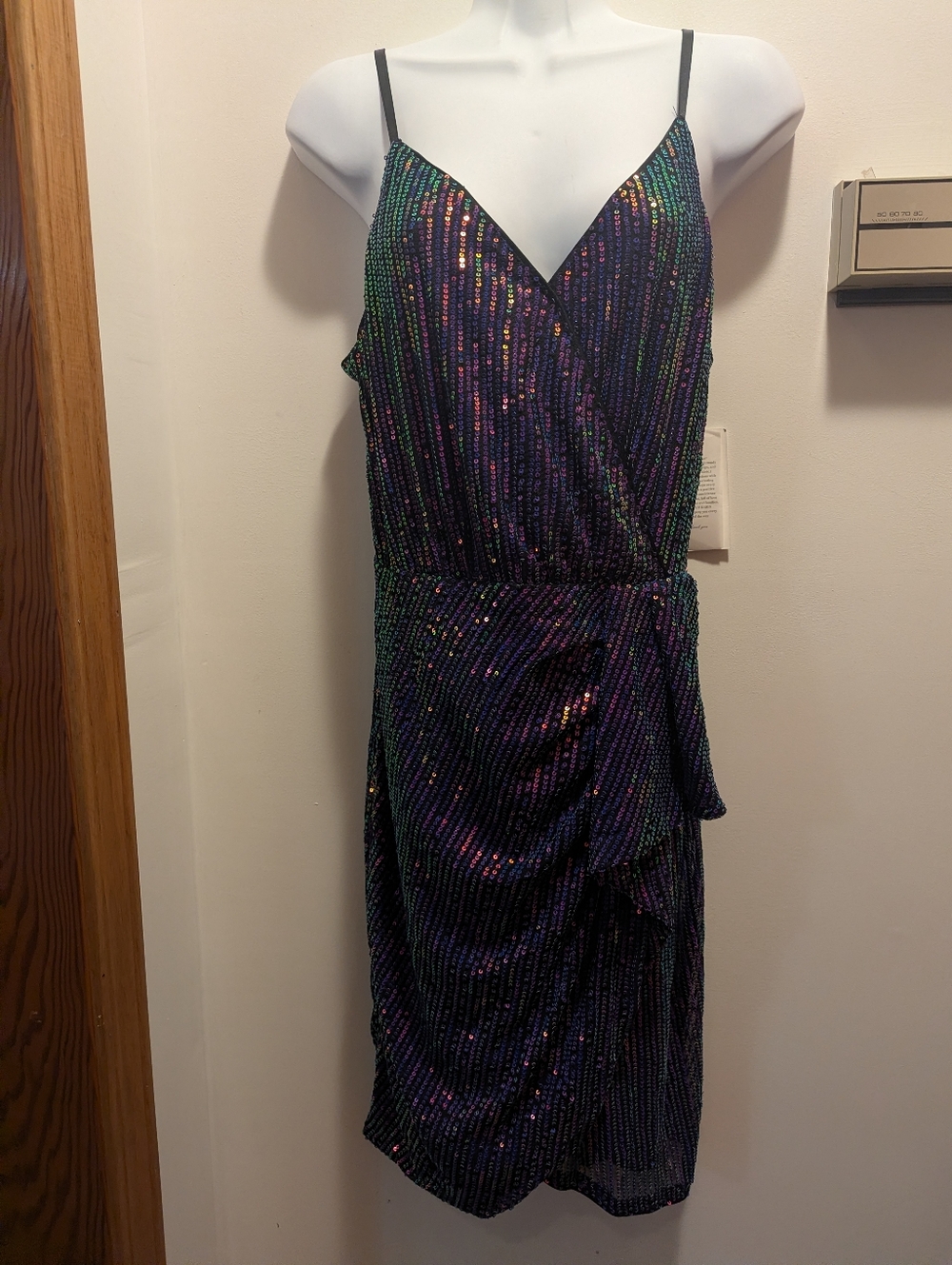 Grace Karin Medium Sequined Multicolor Wrap-Style Spaghetti Strap Dress NWT